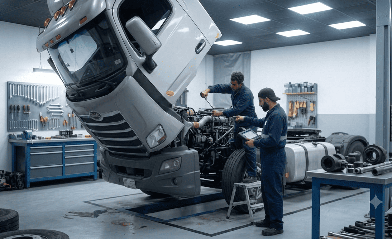 Technicians working on truck repair