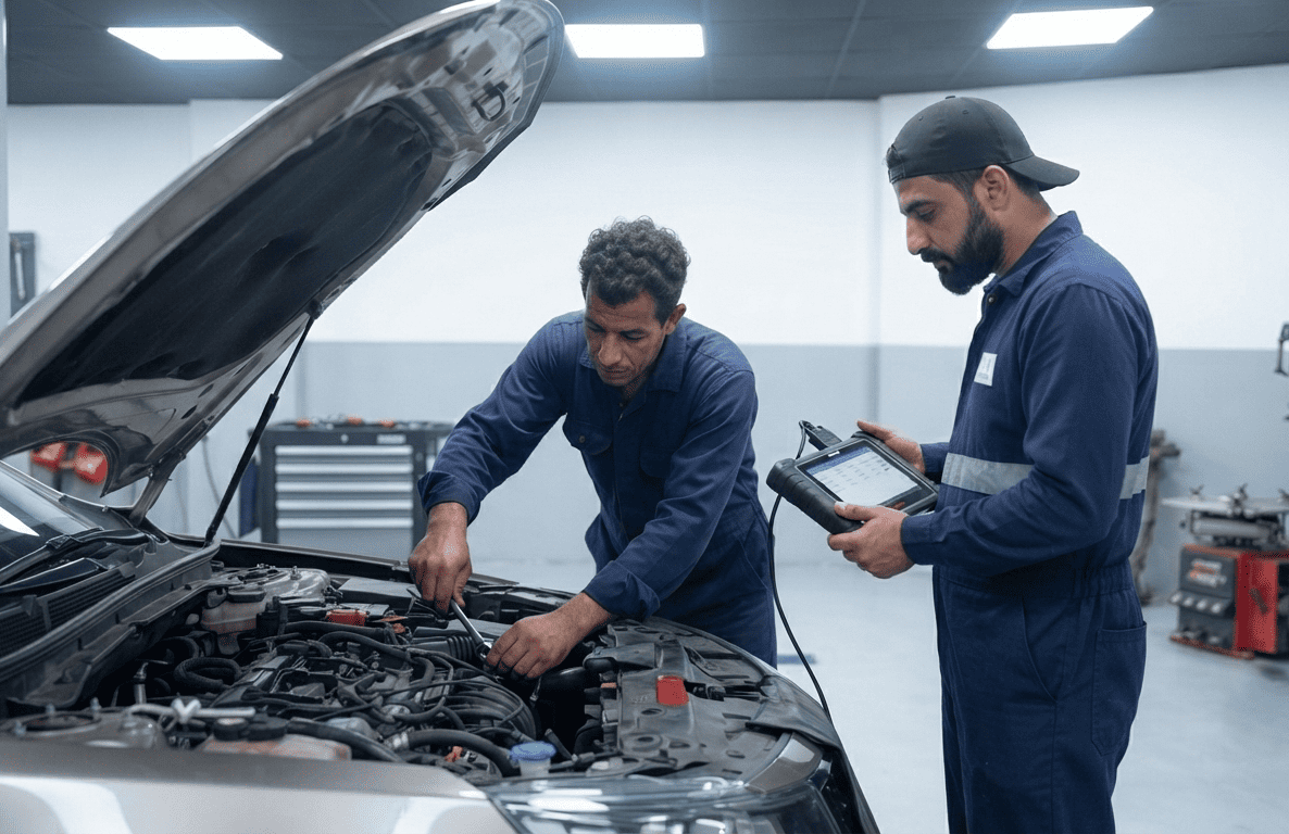 mechanics working on car repair