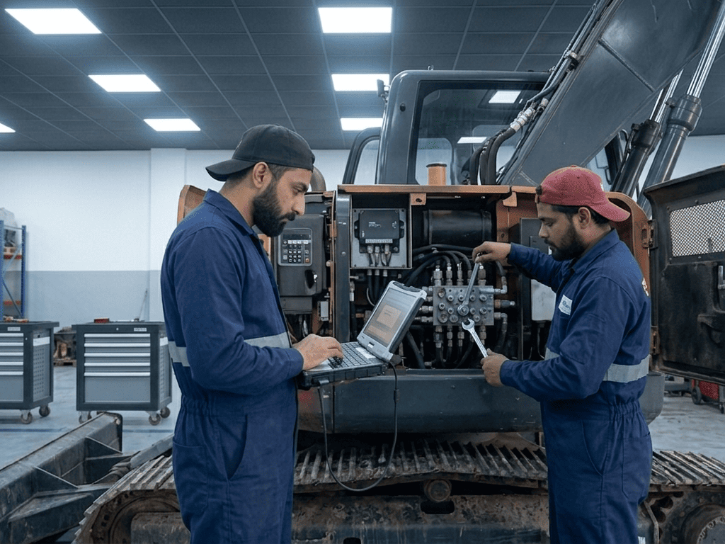 Technicians working on heavy equipment